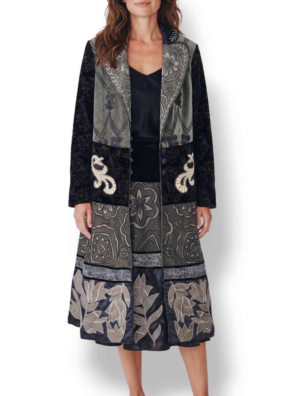 Vintage Y2K Basil & Maude M/8 Embroidered Jacket Midi Skirt Set